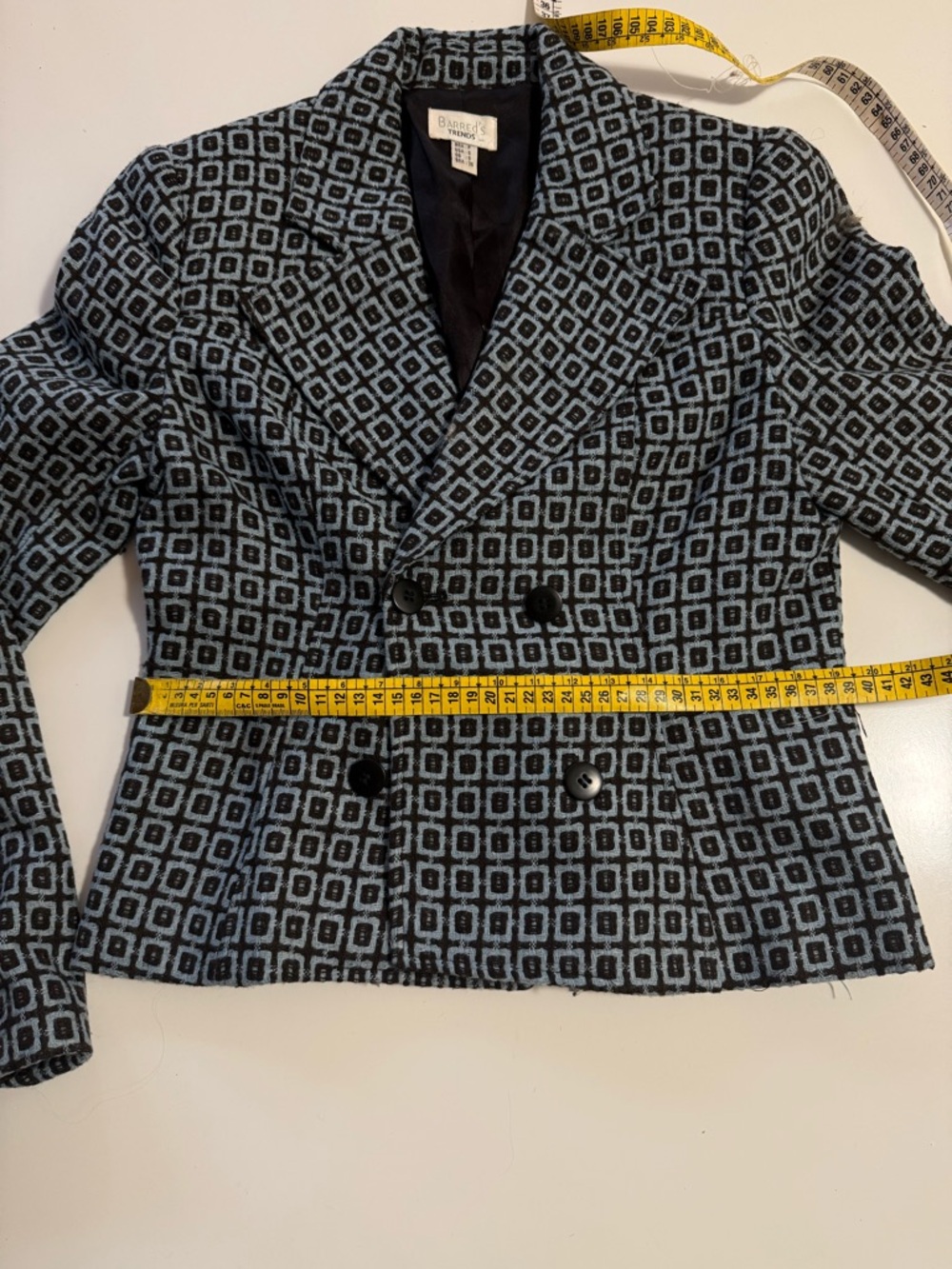 French Chic | Double-Breasted Geometric Print Blazer Jacket - Blue - Picture 6 of 9